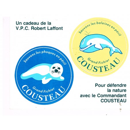 UTOCOLLANT SAUVONS LES BALEINES ET LES PHOQUES EN PERIL - GRAND FICHIER COUSTEAU - JAUNE ET BLEU