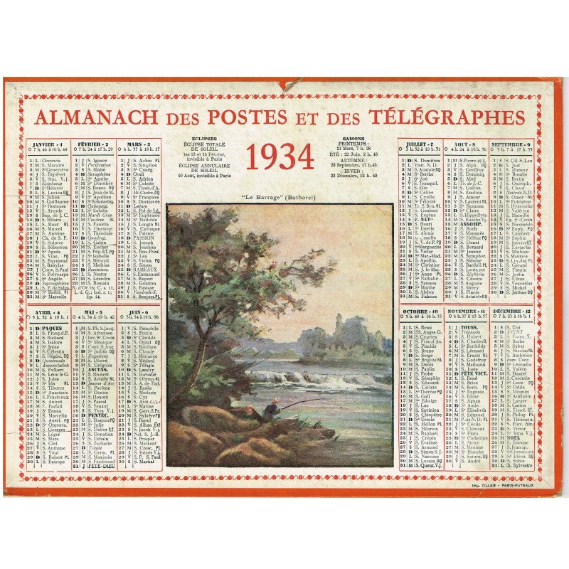 CALENDRIER ALMANACH DES POSTES ET DES TELEGRAPHES 1934 - LE BARRAGE 