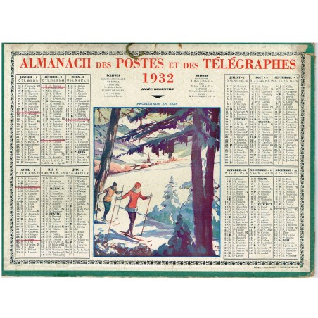 CALENDRIER ALMANACH DES POSTES ET DES TELEGRAPHES 1932 - PROMENADE EN SKIS