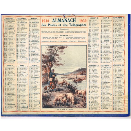 CALENDRIER ALMANACH DES POSTES ET DES TELEGRAPHES 1930 - SUR LES BORDS DE L'ORNAIN