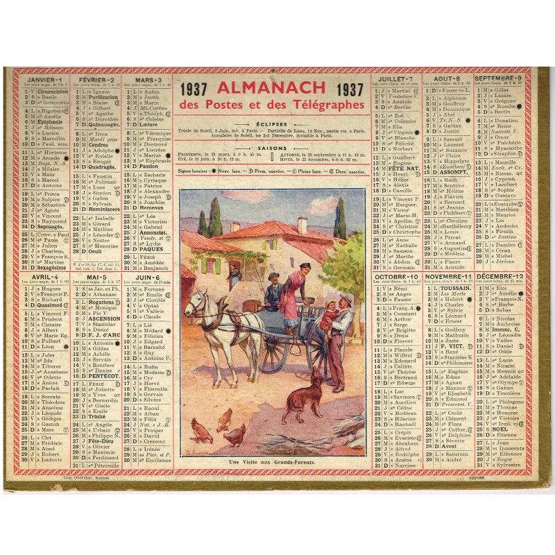 CALENDRIER ALMANACH DES POSTES ET DES TELEGRAPHES 1937 - UNE VISITE AUX GRANDS-PARENTS