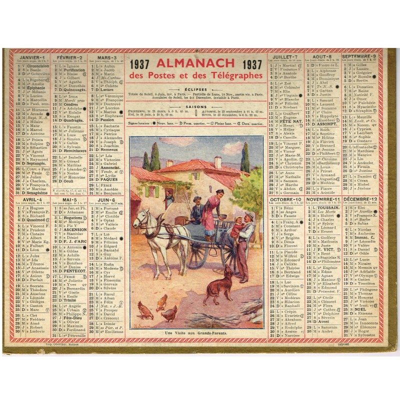 CALENDRIER ALMANACH DES POSTES ET DES TELEGRAPHES 1937 - UNE VISITE AUX GRANDS-PARENTS