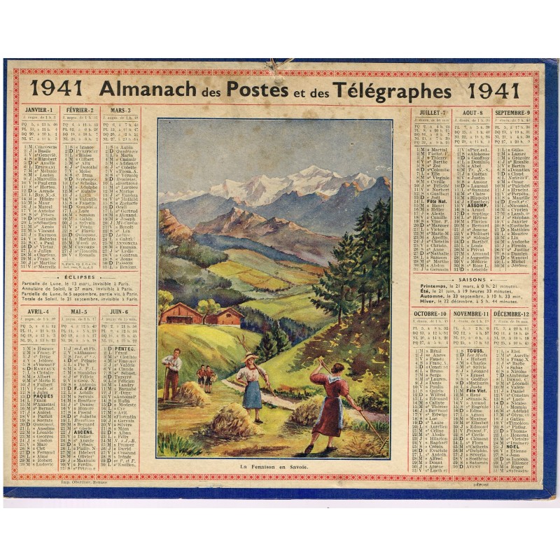 CALENDRIER ALMANACH DES POSTES ET TELEGRAPHES 1941 - LA FENAISON EN SAVOIE