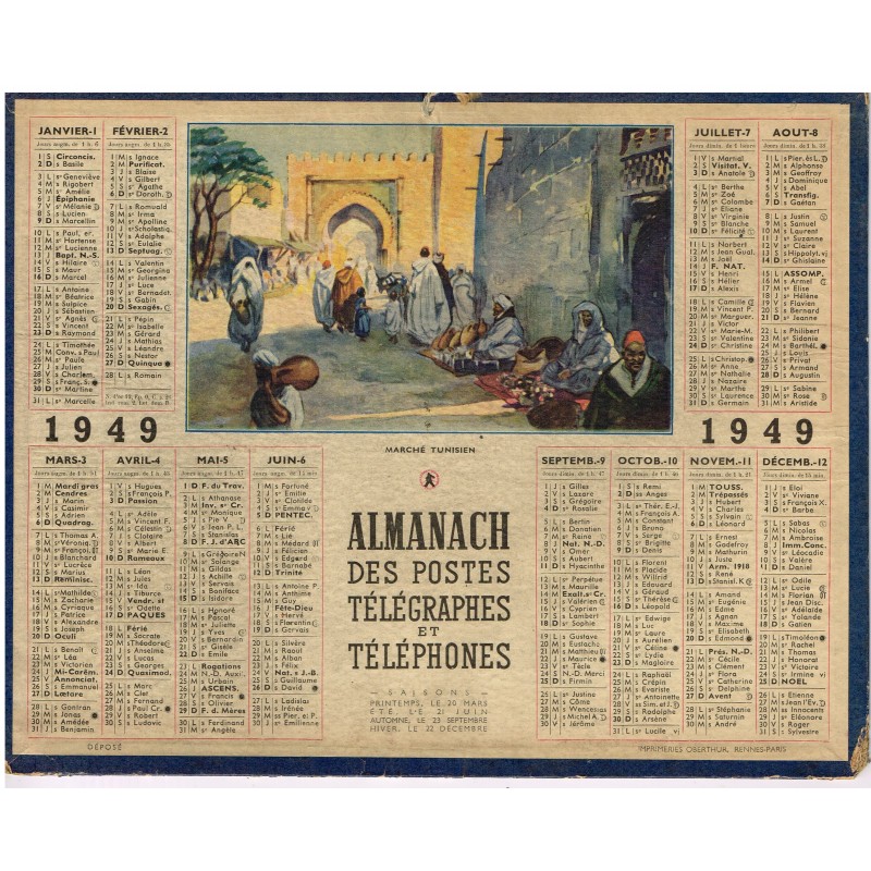 CALENDRIER ALMANACH DES POSTES ET TELEGRAPHES 1949 - MARCHE TUNISIEN