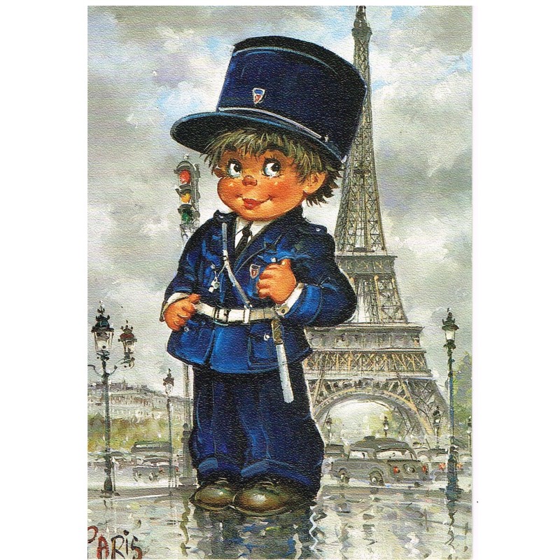 CARTE POSTALE MICHEL THOMAS "LES PETITS" - POLICIER DEVANT LA TOUR EIFFEL - C/100 n° 131