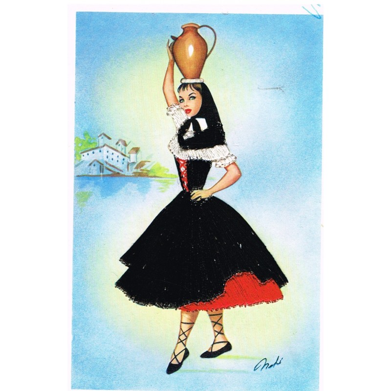 CARTE POSTALE BRODEE - FEMME CORSE