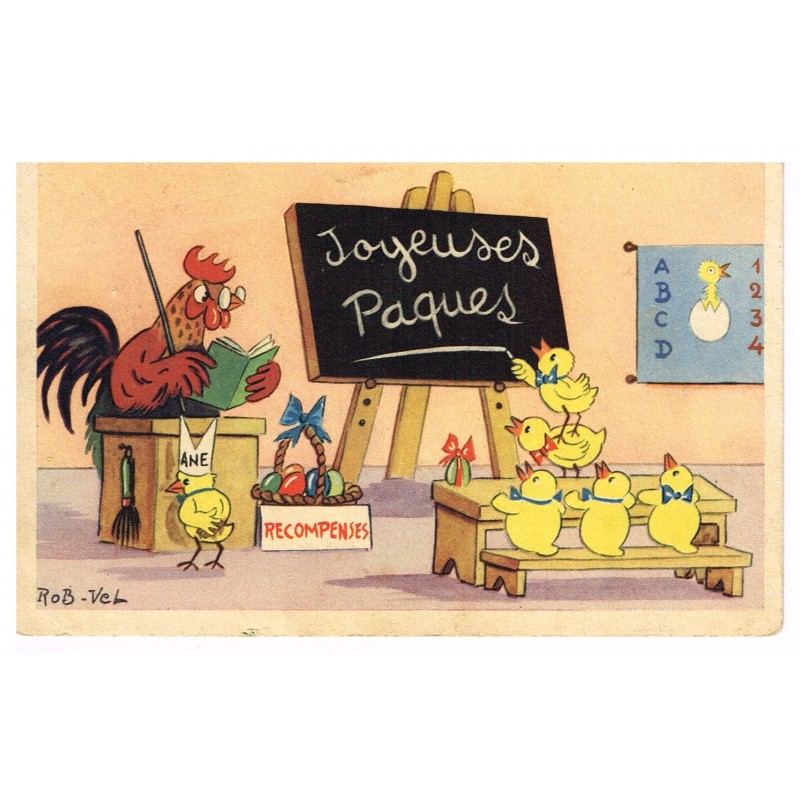 CARTE POSTALE JOYEUSES PAQUES - LES POUSSINS A L'ECOLE