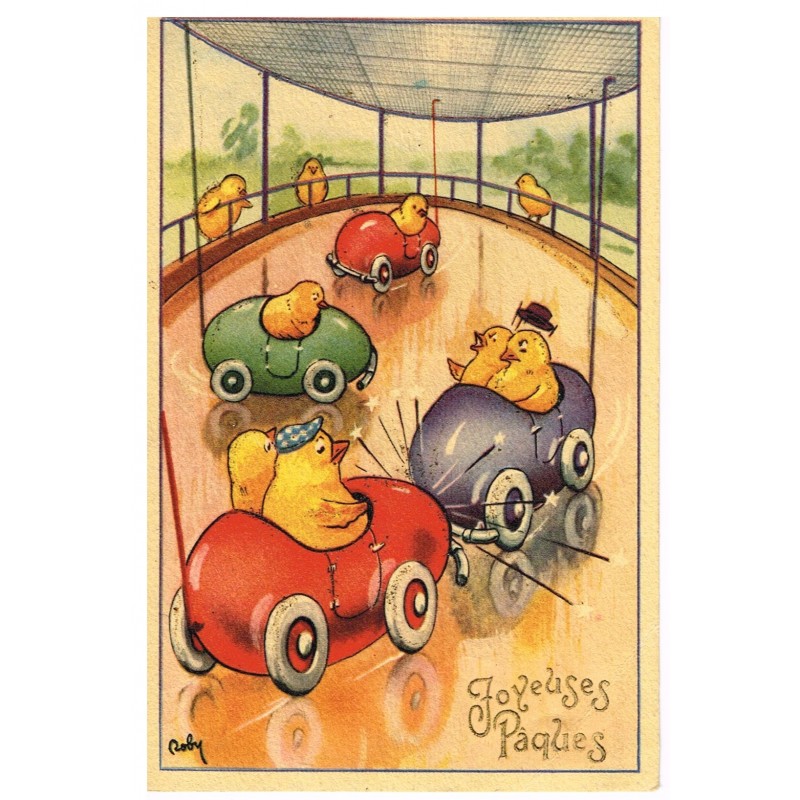 CARTE POSTALE JOYEUSES PAQUES - POUSSINS SUR UN MANEGE