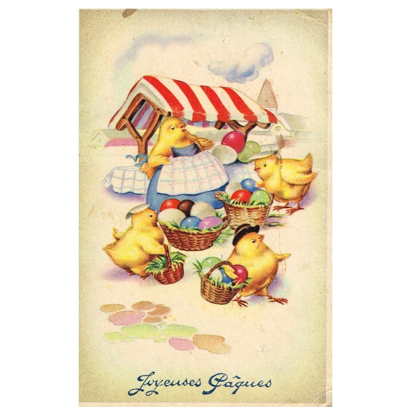 CARTE POSTALE JOYEUSES PAQUES - POUSSINS HUMANISES AVEC OEUFS DECORES