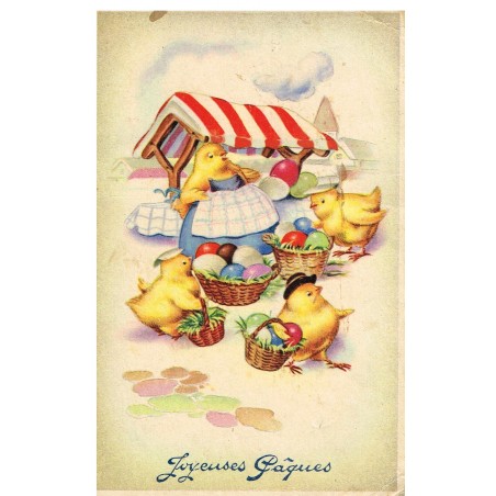 CARTE POSTALE JOYEUSES PAQUES - POUSSINS HUMANISES AVEC OEUFS DECORES