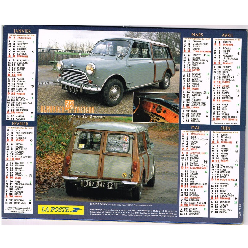 CALENDRIER ALMANACH DU FACTEUR 2006 -MORRIS MINOR ET CHOPPER HARLEY DAVIDSON