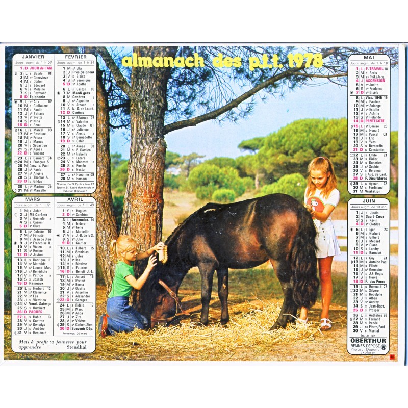 CALENDRIER ALMANACH DES PTT 1978 - ENFANTS ET ANIMAUX, OBERTHUR