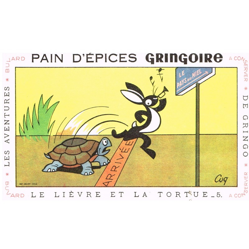 BUVARD  PAIN D'EPICES GRINGOIRE -  LE LIEVRE ET LA TORTUE - COQ
