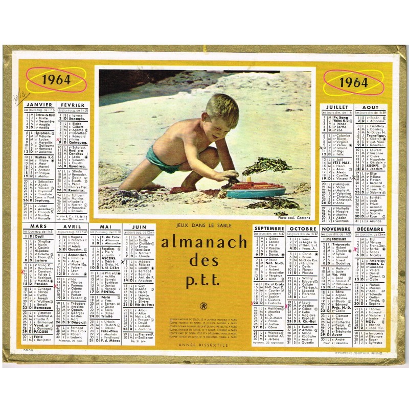 Almanach des PTT. Calendrier 1952 (83). Les Moissons. Imp. OLLER. Complet.