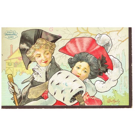 CARTE CHROMO PUBLICITAIRE - BISCUITS FABREGUETTES ALGER - DESSIN DE BOTTARO - FEMME AU MANCHON.