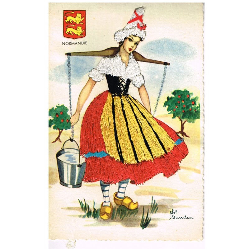 CARTE POSTALE BRODEE - NORMANDIE SIGNEE ELSI GUMIER