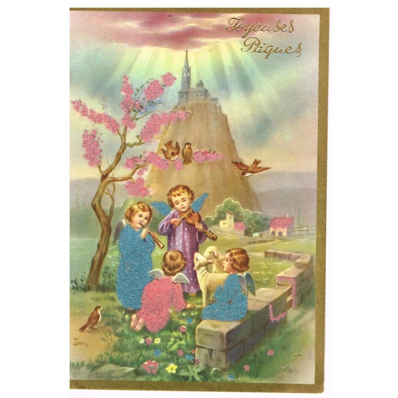 CARTE POSTALE FLOQUEE ﻿JOYEUSES PAQUES - LES ANGES MUSICIENS 