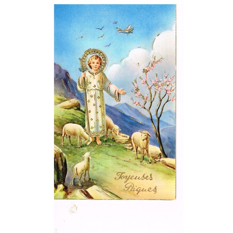 CARTE POSTALE JOYEUSES PAQUES REHAUSSEE DE DORURES - ENFANT JESUS ET AGNEAUX