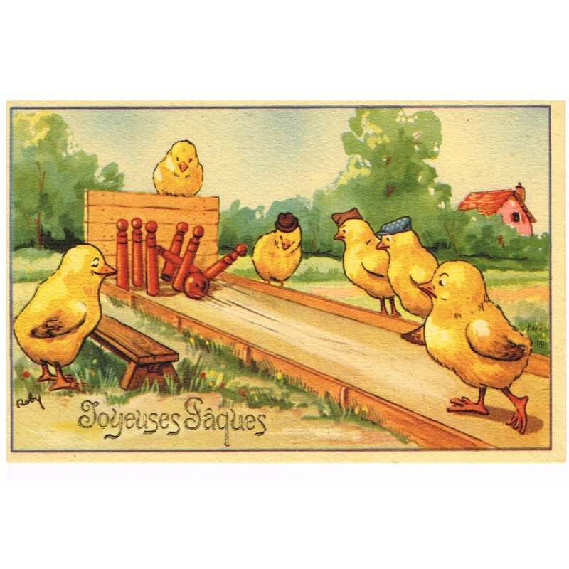 CARTE POSTALE JOYEUSES PAQUES - POUSSINS EN TRAIN DE JOUER AUX QUILLES