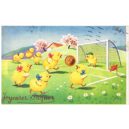 CARTE POSTALE JOYEUSES PAQUES - POUSSINS EN TRAIN DE JOUER AU FOOT