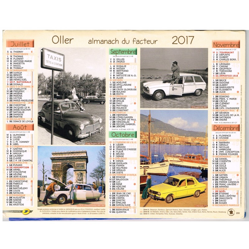 CALENDRIER ALMANACH DU FACTEUR 2017 - NOS ANCIENNES VOITURES, OLLER