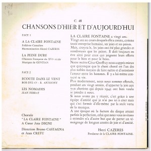 DISQUE 45 TOURS 17 cm EP - CHORALE "LA CLAIRE FONTAINE" A COEUR JOIE - DIGNE