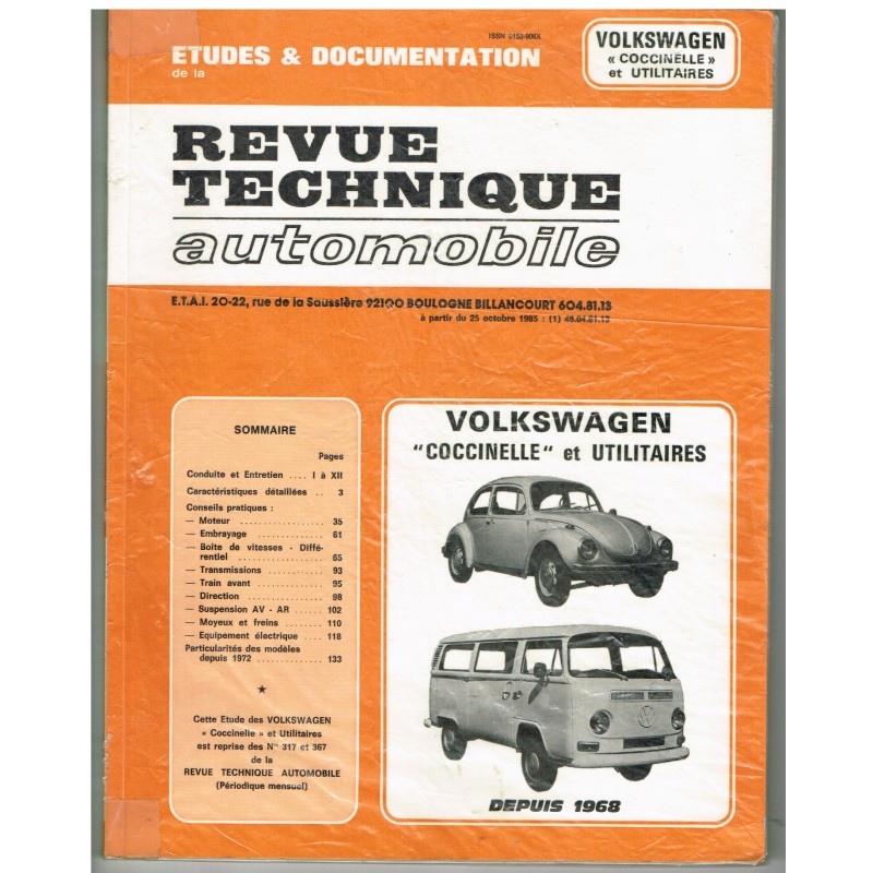 REVUE TECHNIQUE AUTOMOBILE 1985 - VOLKSWAGEN "COCCINELLE" ET UTILITAIRES DEPUIS 1968