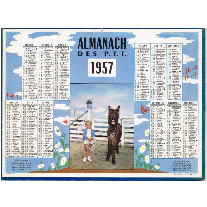 CALENDRIER ALMANACH DES PTT 1957 "Enfant avec un âne"