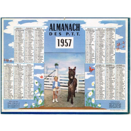 CALENDRIER ALMANACH DES PTT 1957 "Enfant avec un âne"