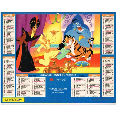 CALENDRIER ALMANACH DU FACTEUR 1994 ALADIN (DISNEY) - RECTO