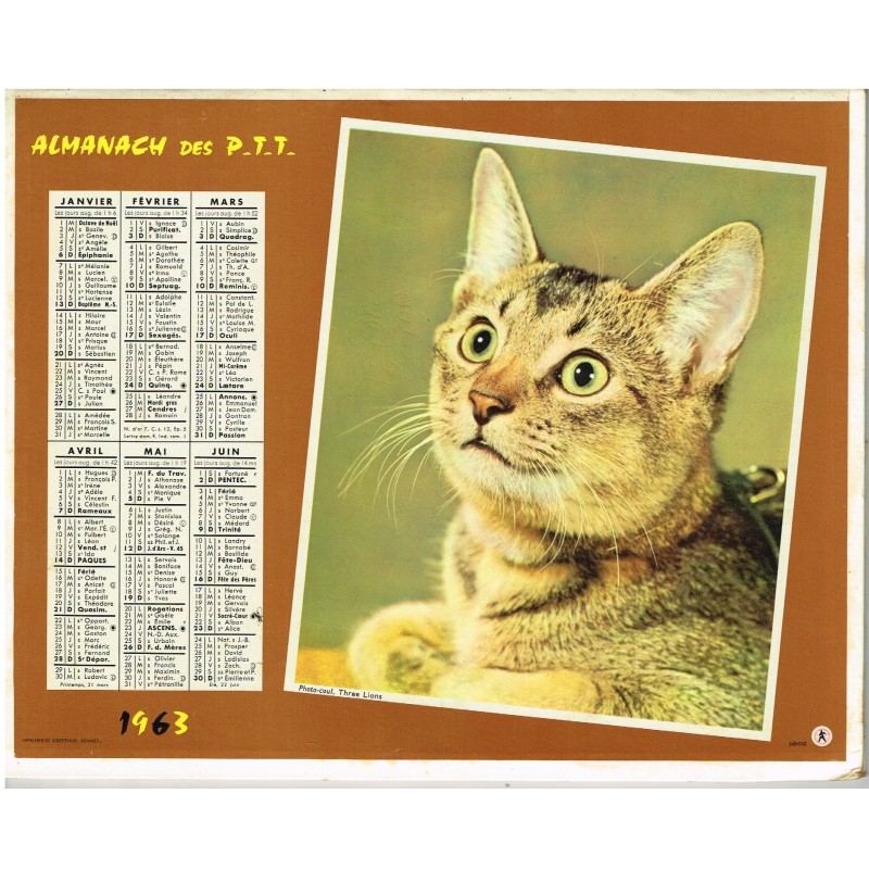 CALENDRIER ALMANACH DES PTT 1963 - CHAT  - RECTO