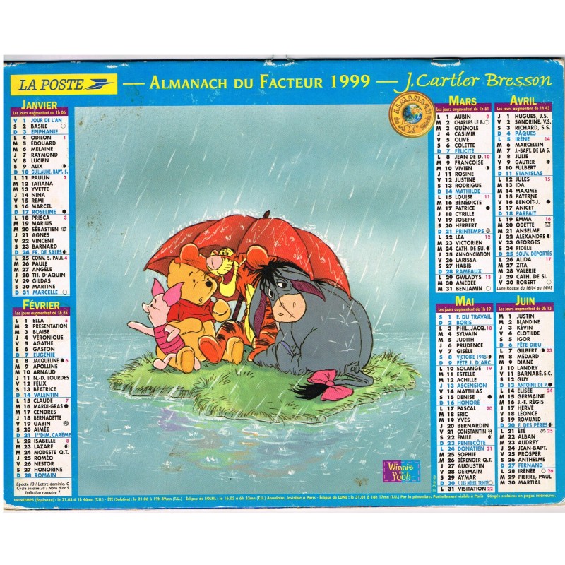 CALENDRIER ALMANACH 1999 - WINNIE L'OURSON -  RECTO