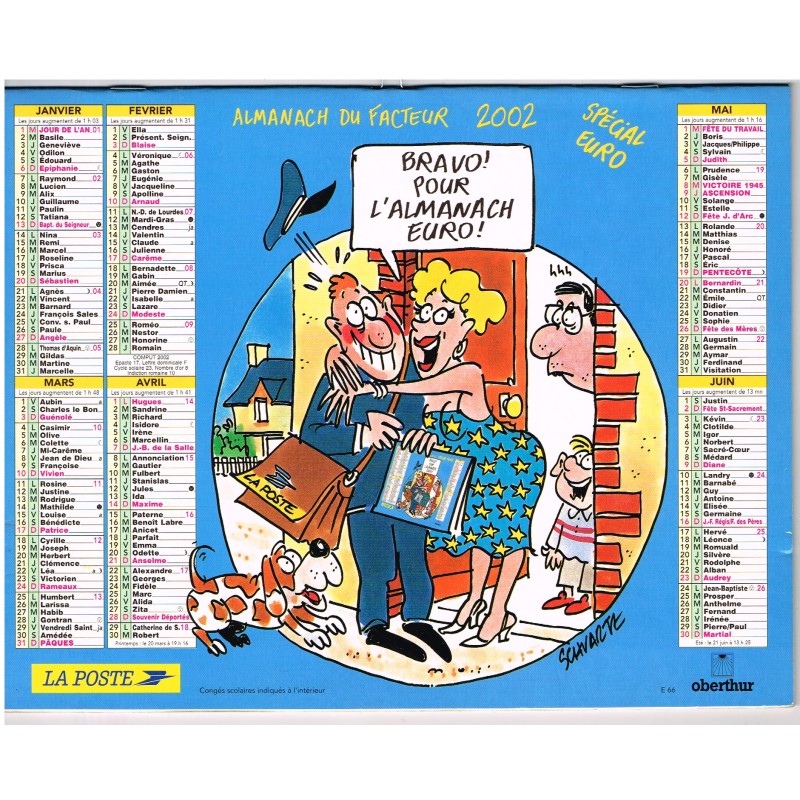 CALENDRIER ALMANACH DU FACTEUR 2002  SPECIAL EURO  - RECTO