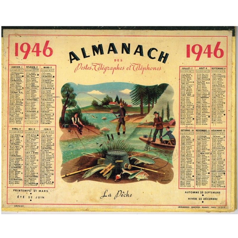 CALENDRIER ALMANACH DES POSTES, TELEGRAPHES et TELEPHONES 1946 - LA PÊCHE