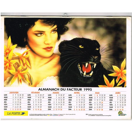 CALENDRIER ALMANACH DU FACTEUR 1995 - JEUNE FEMME ET PANTHERE