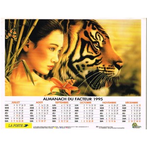 CALENDRIER ALMANACH DU FACTEUR 1995 - JEUNE FEMME ET TIGRE