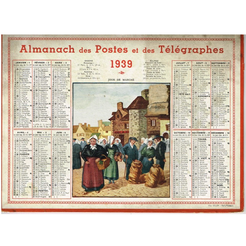 CALENDRIER ALMANACH DES POSTES ET DES TELEGRAPHES 1939 - JOUR DE MARCHE