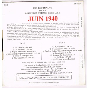DISQUE LES TOURNANTS DE LA 2ème GUERRE MONDIALE - JUIN 1940 - VERSO