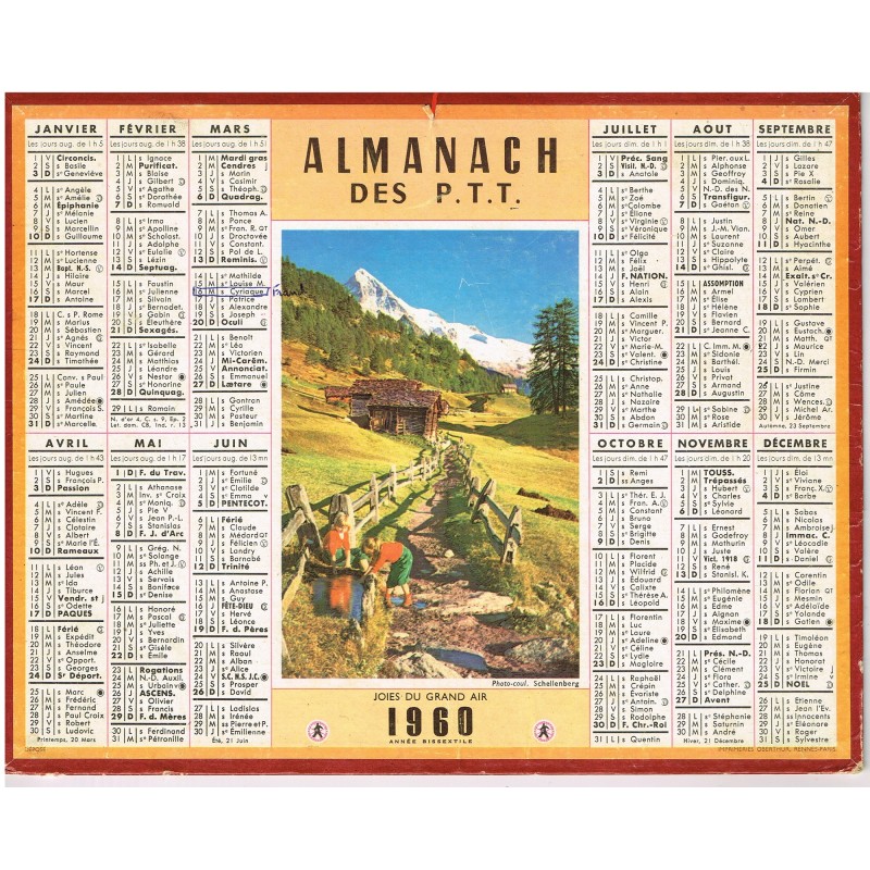 CALENDRIER ALMANACH DES PTT 1960 - JOIES DU GRAND AIR