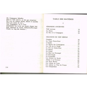 LIVRE CHANSONNIER - TABLE DES MATIERES