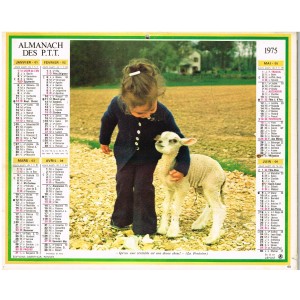CALENDRIER 1975 PETITE FILLE AVEC UN AGNEAU - RECTO