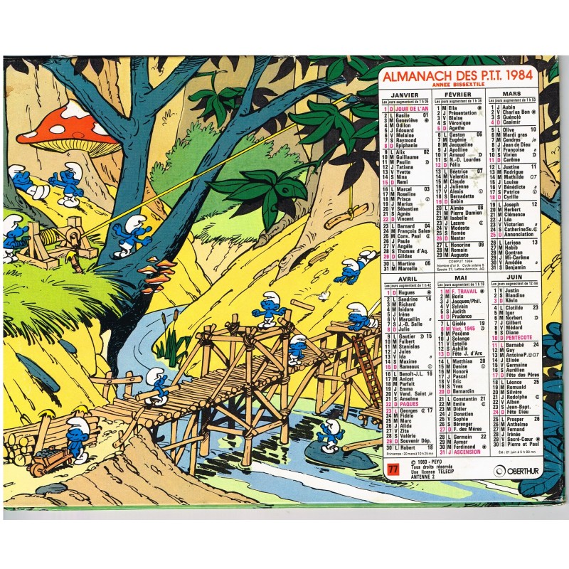CALENDRIER ALMANACH DES PTT 1984 - LES SCHTROUMPFS - RECTO