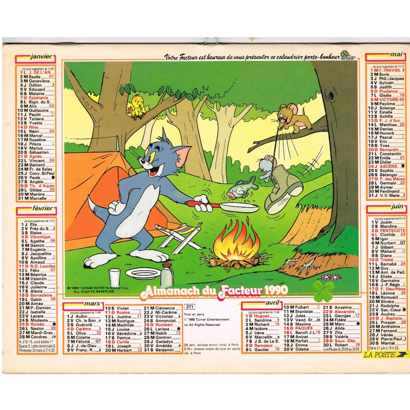 CALENDRIER ALMANACH DU FACTEUR 1990 - TOM ET JERRY - RECTO
