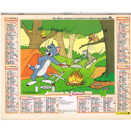 CALENDRIER ALMANACH DU FACTEUR 1990 - TOM ET JERRY - RECTO